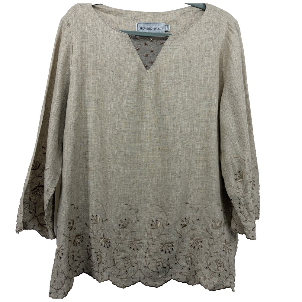 Vintage Howard‎ Wolf Size 16 / XL Embroidered Tunic Top Linen Silk Blend Cream